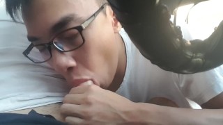 Can’t wait to get home, boy sucks boyfriend at traffic light, young Asian first time gay sex