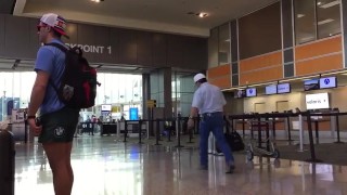Jock freeballing in the airport