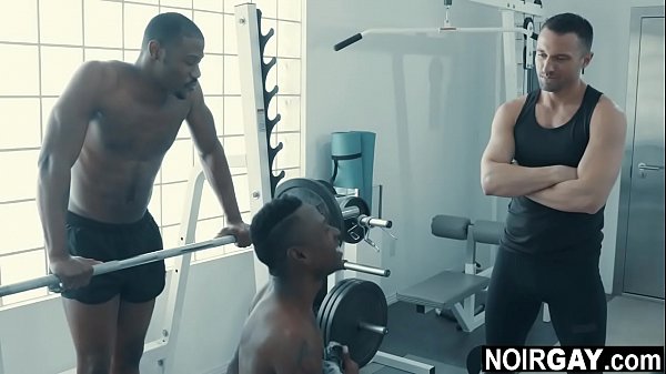 Two black gays fuck white guy in the gym –  gay threesome sex