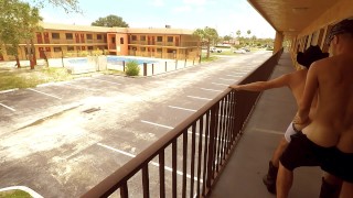 TwoLongHorns Fucking On Public Motel Balcony Risky Bareback Amateur Cowboy
