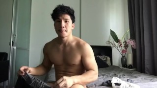 Hot Thai model trying-on underwear with a rock hard cock, real young Asian gay