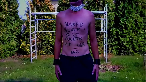 totally naked slave exposed cockcage dirty body writing public outdoor striptease BDSM
