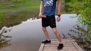 While no one is on the lake, guy fingering a big dick