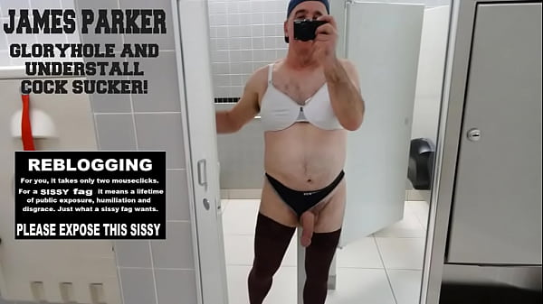 COCK HUNGRY SISSY FAGGOT LOVES GLORYHOLE AND UNDERSTALL COCK SUCKING IN PUBLIC!